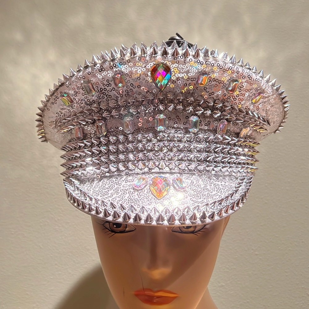 Akira Silver Sequins Rhinestones And Spikes Captain's Style Hat Size S/M